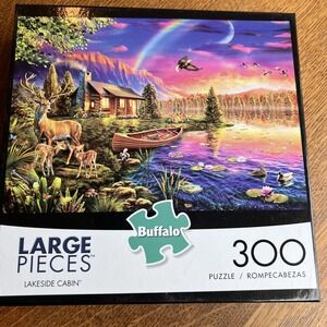 Buffalo Games ~ LAKESIDE CABIN ~ 300‎ Large Piece Puzzle with Poster - USED